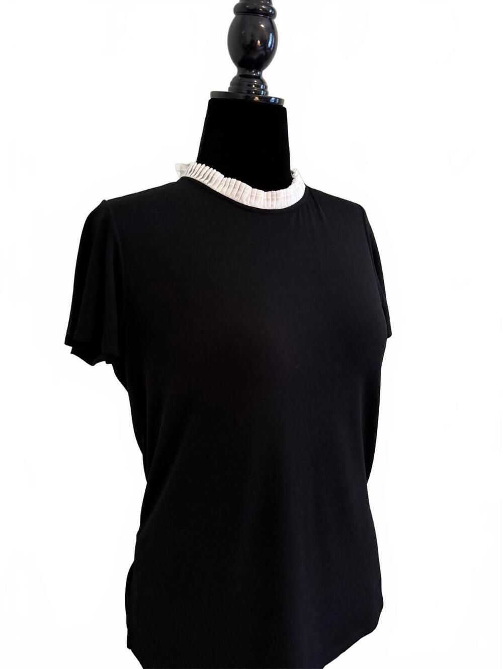 Adrianna Papell Black Short Sleeve Top with White Pleated Collar, Size S